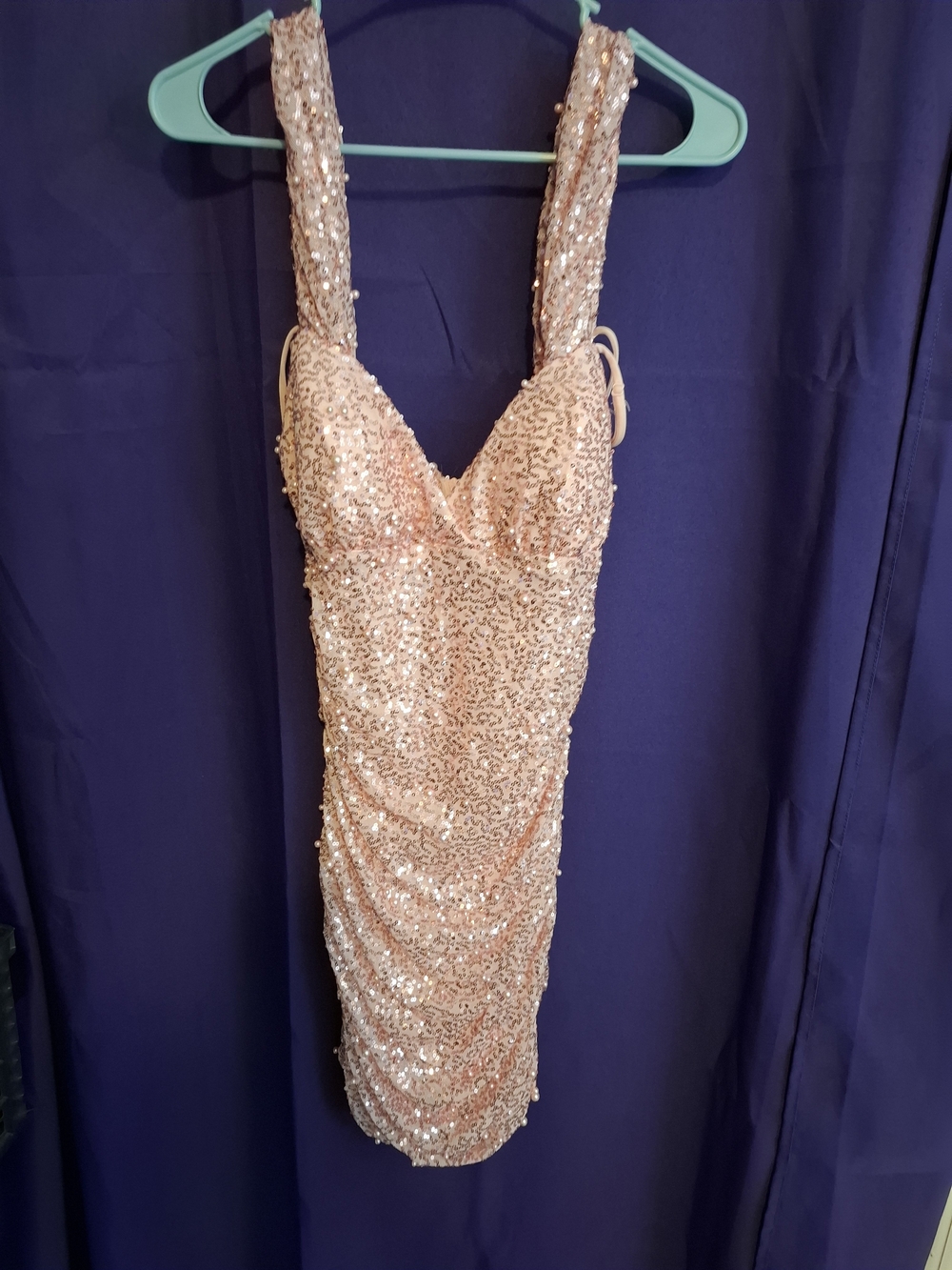 B Darlin Rose Gold Sequin Mini Dress with Wide Straps